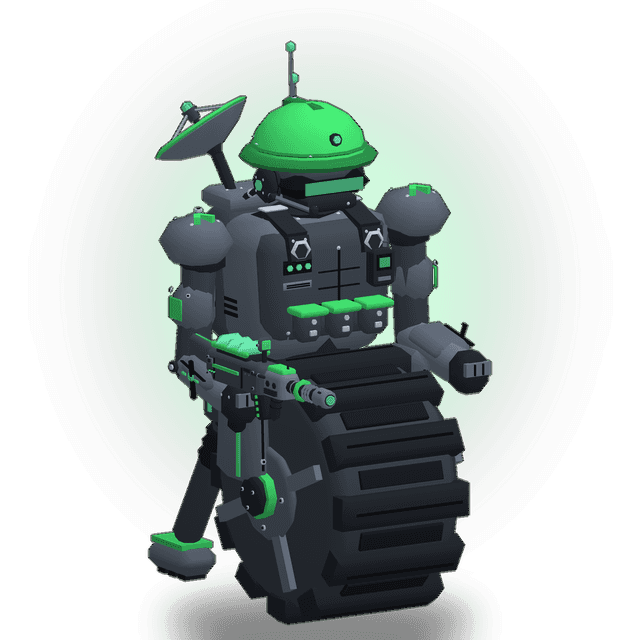 RELAY, the mid range robot, holding its pulse carbine