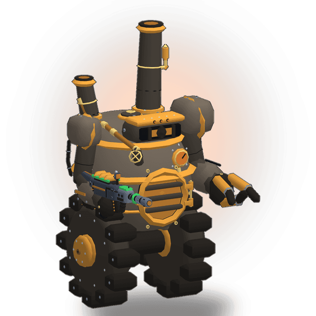 CINDER, the mid range robot, holding its pulse carbine