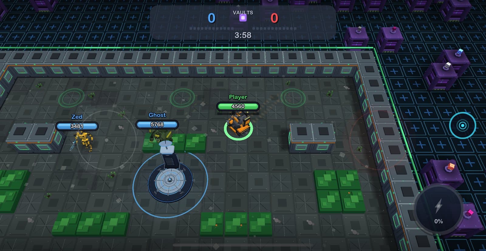 Data Heist: a robot stands in its team's vault with cores banked