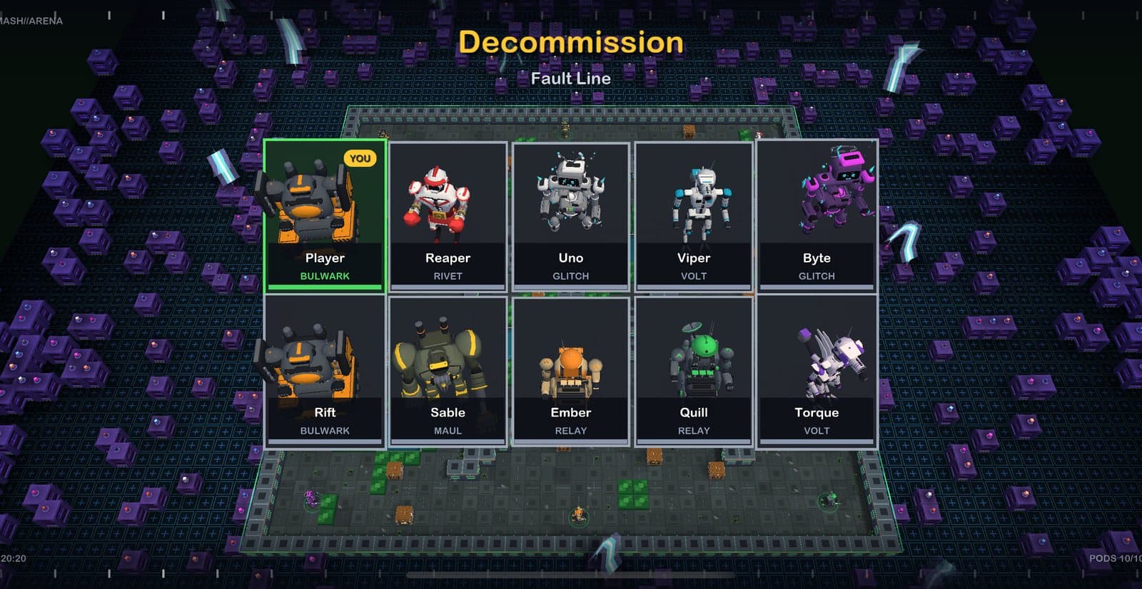 Ten robots line up before a Decommission match