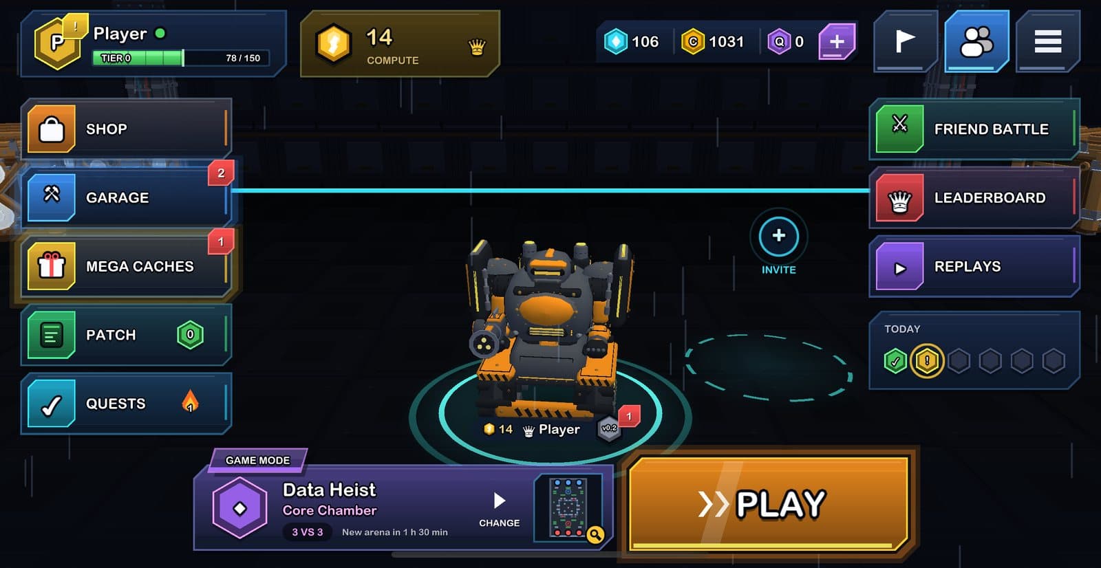 The Sudo Smash hangar: shop, garage, Mega Caches, patch, quests and the PLAY key